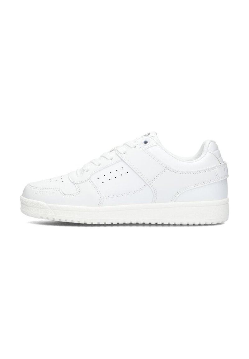 Witte sportieve sneakers van glad leer met een lage schacht, voorzien van geperforeerde accenten en een gemêleerde rubberen zool.
