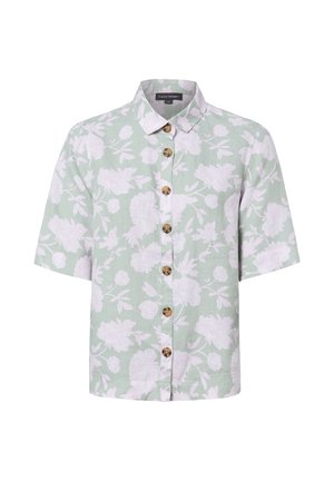 Lichtgroen overhemd met korte mouwen en knopen, met lichtroze bloemenprint en bruine knopen, met een klassieke kraag en rechte zoom.