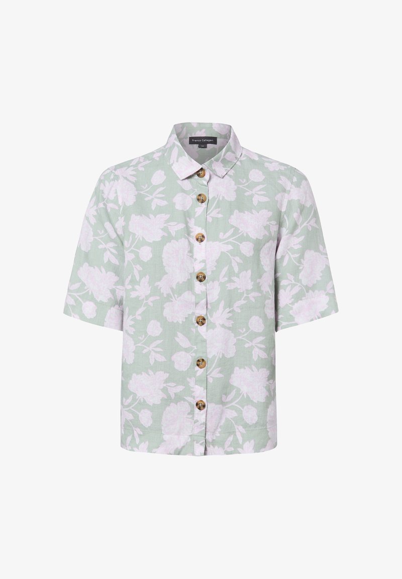 Chemise vert clair à manches courtes avec boutons, imprimé floral rose pâle et boutons marron, avec un col classique et un ourlet droit.