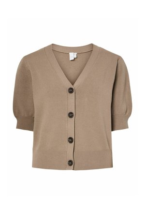 Svetlo rjava kratka srajčna jopica z gumbi, izrez v obliki črke V ter rebrastimi manšetami in robom.