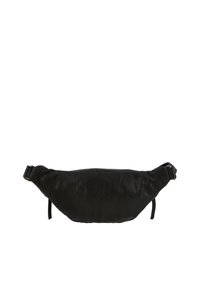 Černá kožená ledvinka s kulat ým tvarem, strukturovaným povrchem a nastavitelným popruhem. Obsahuje zipovou přihrádku pro uložení.