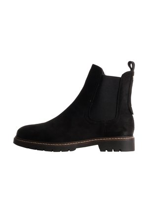 Botte Chelsea en daim noir avec panneaux latéraux élastiques, languette à l’arrière et semelle en caoutchouc basse et robuste avec surpiqûres marron.