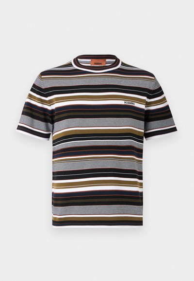 Short-sleeve crewneck T-shirt with horizontal stripes in black, white, olive, and navy, featuring small "MISSONI" logo on chest.