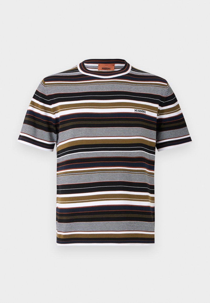 Short-sleeve crewneck T-shirt with horizontal stripes in black, white, olive, and navy, featuring small "MISSONI" logo on chest.
