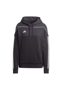 Sudadera negra de tejido suave con un bolsillo frontal, capucha ajustable con cordón, rayas blancas en las mangas y logo en el pecho.