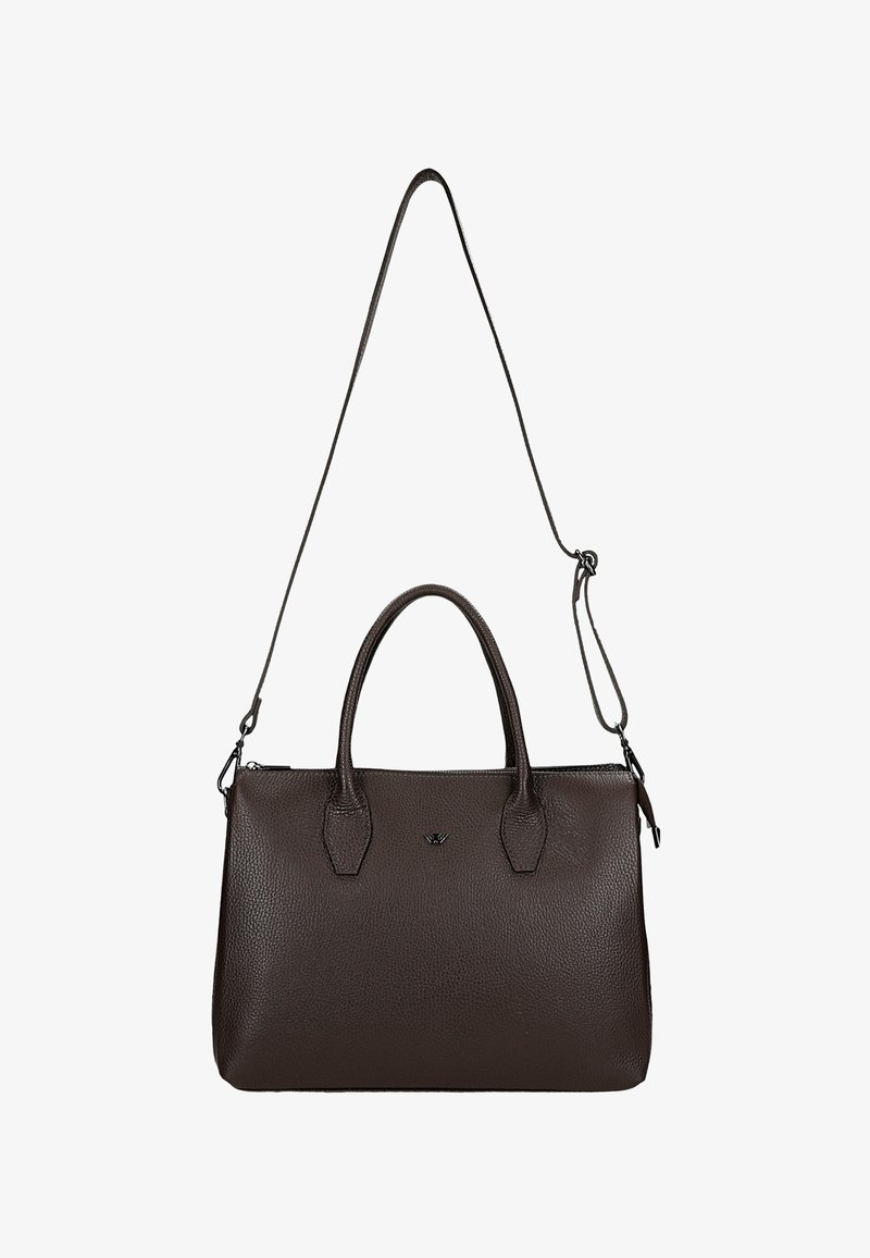 Borsa a tracolla in pelle marrone con texture a ciottoli, manici superiori doppi, tracolla removibile e forma rettangolare semplice. Presenta un dettaglio del logo.