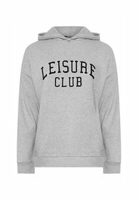 Sudadera gris de tela suave con capucha amplia, puños acanalados y el texto "LEISURE CLUB" bordado en negrita de color negro en la parte frontal.