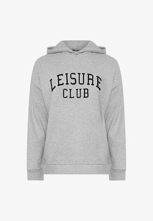 Szara bluza z kapturem, wykonana z miękkiego materiału, z pojemnym kapturem, ściągaczami przy mankietach oraz dużym czarnym haftem "LEISURE CLUB" z przodu.