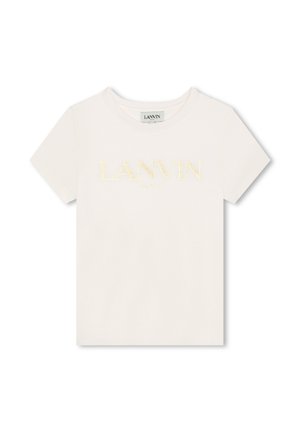 T-shirt bianca in cotone con scollo rotondo, caratterizzata da un logo ricamato in oro "LANVIN PARIS" sul davanti. Maniche corte, vestibilità standard.