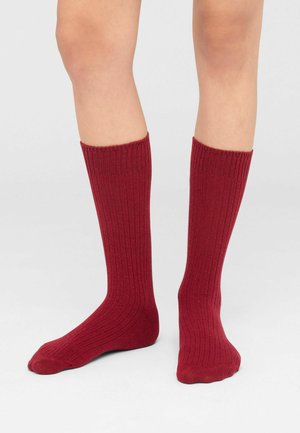 Persona con calcetines granates acanalados hasta la rodilla, de pie sobre un fondo liso y claro.