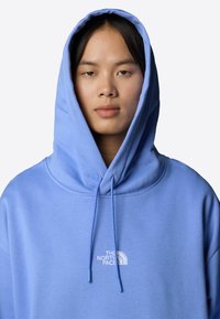 Haut à capuche bleu clair en coton doux, avec une grande poche avant et des cordons de serrage dotés de pointes bleues. Le logo The North Face est brodé en blanc.