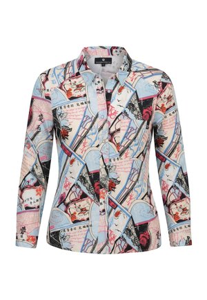 Camicia a maniche lunghe con bottoni, con stampa astratta multicolore e scritte in tonalità di blu, rosa, rosso, nero e bianco.