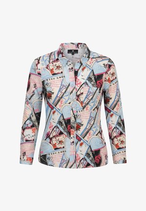 Camicia a maniche lunghe con bottoni, con stampa astratta multicolore e scritte in tonalità di blu, rosa, rosso, nero e bianco.