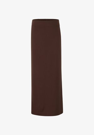 Brąskowa spódnica midi wykonana z gładkiej tkaniny, z dopasowaną talią i prostym krojem, bez widocznych wzorów czy akcentów.