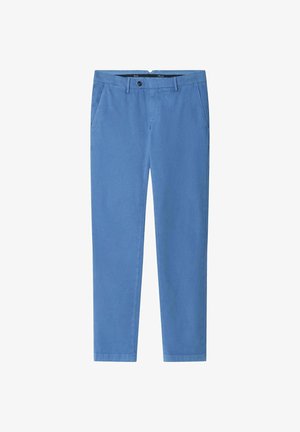 Pantaloni chino blu realizzati in tessuto leggero, con parte anteriore piatta, due tasche laterali e una tasca posteriore singola con chiusura a bottoncino.