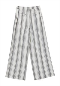 Gestreifte weit geschnittene Hose in Grau und Weiß, aus leichtem Stoff gefertigt. Mit hohem Taillenbund und Fronttaschen.