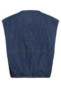 Vestă din denim bleumarin fără mâneci, cu cusătură centrală, cusături orizontale pe spate și tiv elastic în partea de jos.