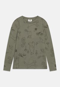 Long-sleeve shirt in olive green fabric featuring black animal and nature-themed illustrations, with a round neckline and curved hem.
