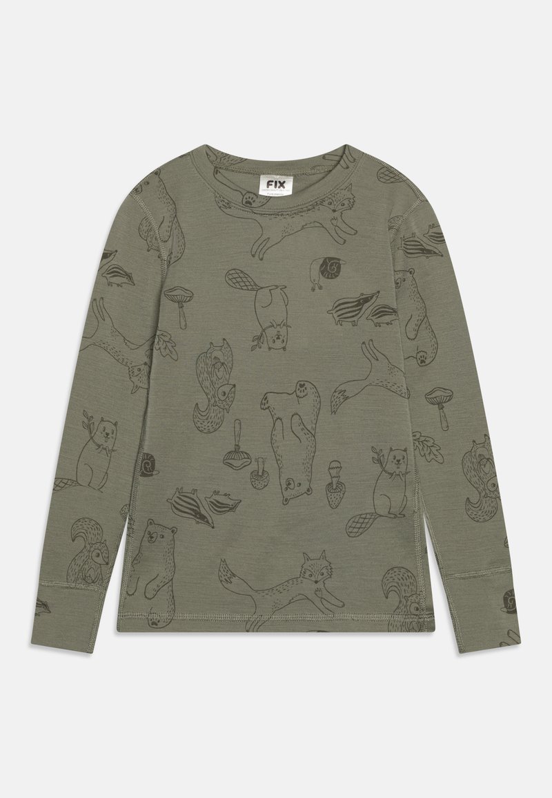 Long-sleeve shirt in olive green fabric featuring black animal and nature-themed illustrations, with a round neckline and curved hem.