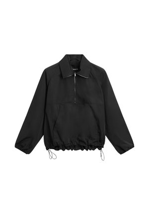 Veste à manches longues noire avec fermeture éclair à l'avant, grande poche avant, ourlet à cordon élastique et col.