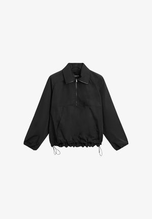 Zwarte lange mouwen pulloverjack met ritssluiting aan de voorkant, grote voorzak, elastische koordonderkant en kraag.