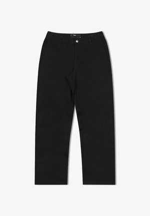 Crne hlače od pamuka s ravnim nogavicama. Imaju prednje kopčanje na gumb, dva bočna džepa i minimalne šavove.