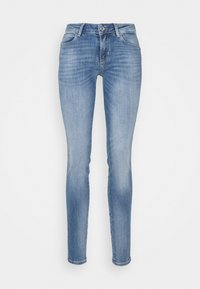 Svetle modré slim-fit džíny s pěti kapsami a knoflíkovým zapínáním, které mají jemné vybledlé detaily na stehnech a kolenou.