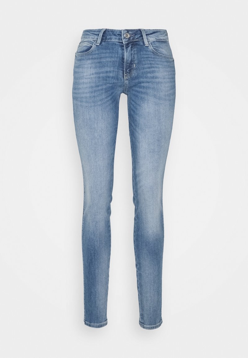 Svetle modré slim-fit džíny s pěti kapsami a knoflíkovým zapínáním, které mají jemné vybledlé detaily na stehnech a kolenou.