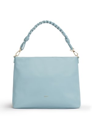 Borsa in pelle azzurro chiaro con manico intrecciato e chiusure dorate, forma rettangolare, design minimalista, piccolo logo dorato al centro davanti.