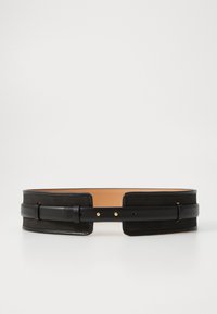 Black leather waist belt with a smooth finish and a tan inner lining. Features a central buckle and two gold-tone studs for adjustment.