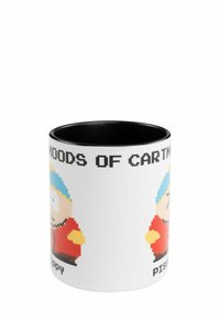 Tazza di ceramica bianca con interno nero che presenta design di personaggi pixelati in abiti rossi e blu e testo: "UMORI DI CARTMAN."