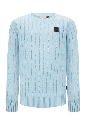 Hellblauer gestrickter Pullover mit Zopfmuster, Rundhalsausschnitt und gerippten Bündchen sowie Saum. Verfügt über ein kleines Logo-Label auf der Vorderseite.