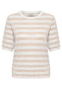 Suéter de manga corta a rayas crema y beige con cuello redondo y dobladillo acanalado, hecho de un suave tejido de punto. La etiqueta dice "Kaffe."