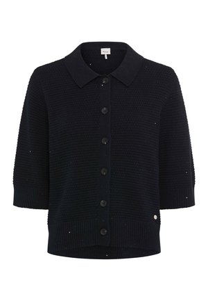 Schwarzer kurzärmeliger Strickcardigan mit sechs Knöpfen vorne, spitzem Kragen und strukturiertem Waffelmuster.
