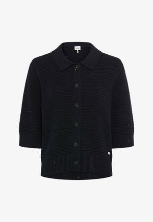 Cardigan nero a maniche corte lavorato a maglia con sei bottoni frontali, colletto appuntito e motivo a cialda strutturato.