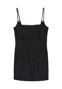 Robe noire sans manches avec fines bretelles, ornée d'une délicate bordure en dentelle le long de l'encolure et d'une coupe ajustée avec des coutures verticales.