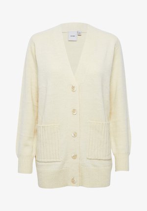 Gilet créme à col en V, cinq grands boutons, manches côtelées et deux poches plaquées à l'avant. Texture douce avec un tricot léger.