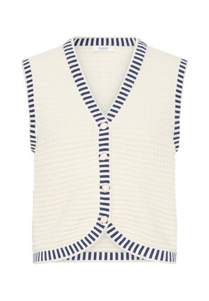 Veste sans manches en maille crème avec bordure rayée bleu marine et cinq boutons sur le devant, présentant un col en V et un motif texturé.