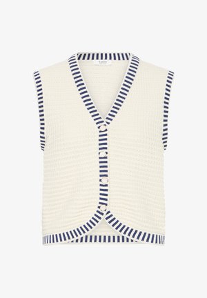 Veste sans manches en maille crème avec bordure rayée bleu marine et cinq boutons sur le devant, présentant un col en V et un motif texturé.