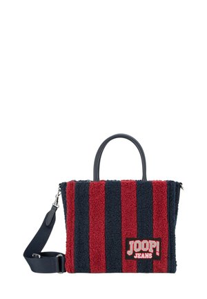 Tote torba iz plišaste tkanine v rdeče-modrih črtah z dvema zgornjima ročajema, nastavljivim trakom in črnim logotipom JOOP! Jeans.