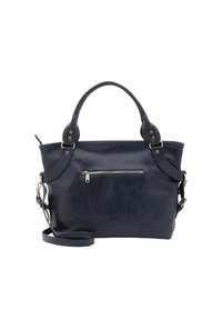 Borsa in pelle blu navy con due manici e una tracolla staccabile. Presenta una tasca frontale con zip e dettagli in hardware color oro.