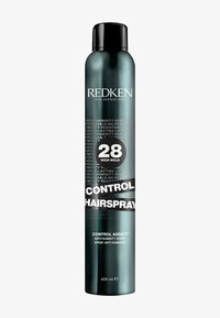 La laque Redken Control Addict dans une canette cylindrique bleu foncé, avec un bouchon noir et un texte blanc portant un label "28 High Hold" bien en évidence.
