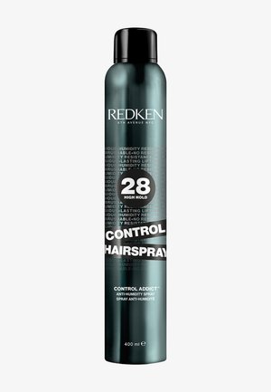 La laque Redken Control Addict dans une canette cylindrique bleu foncé, avec un bouchon noir et un texte blanc portant un label "28 High Hold" bien en évidence.