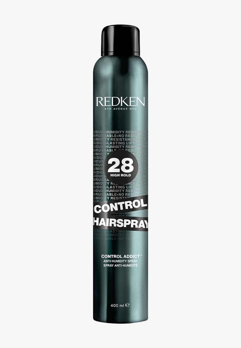 La laque Redken Control Addict dans une canette cylindrique bleu foncé, avec un bouchon noir et un texte blanc portant un label "28 High Hold" bien en évidence.