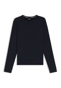 Granatowy długi rękaw sweatshirt wykonany z miękkiej bawełny, z okrągłym dekoltem i ściągaczami przy rękawach, z dyskretną metką logo na kołnierzu.
