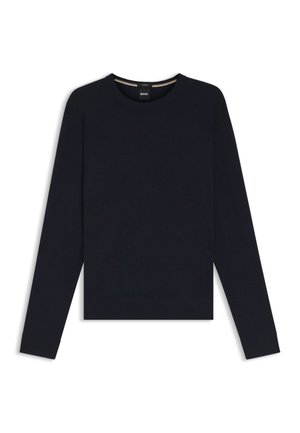 Navy blue long-sleeve sweatshirt made of soft cotton, featuring a crew neckline and ribbed cuffs, with a subtle logo tag at the collar.