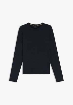 Navy blue long-sleeve sweatshirt made of soft cotton, featuring a crew neckline and ribbed cuffs, with a subtle logo tag at the collar.
