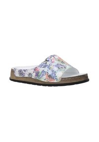 Slip-on sandal med en flerfarvet struktureret overdel, der har et blomstermotiv og reptilmønster, brun sål og åben tå-design.