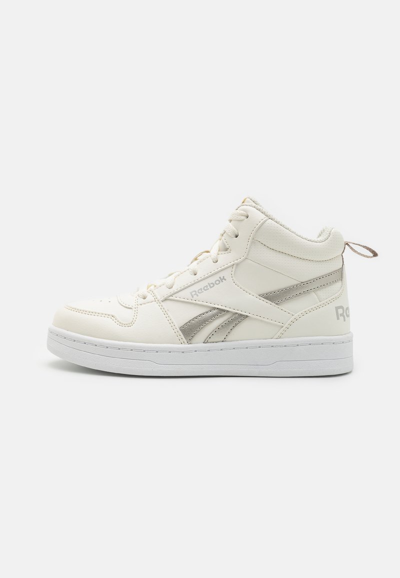 White high-top sneaker with leather upper, light grey accents, padded collar, and white sole; features Reebok logo on the side.