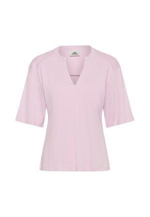 Chemise rose clair à manches courtes avec encolure en V échancrée et coupe décontractée, présentée sur un fond blanc.